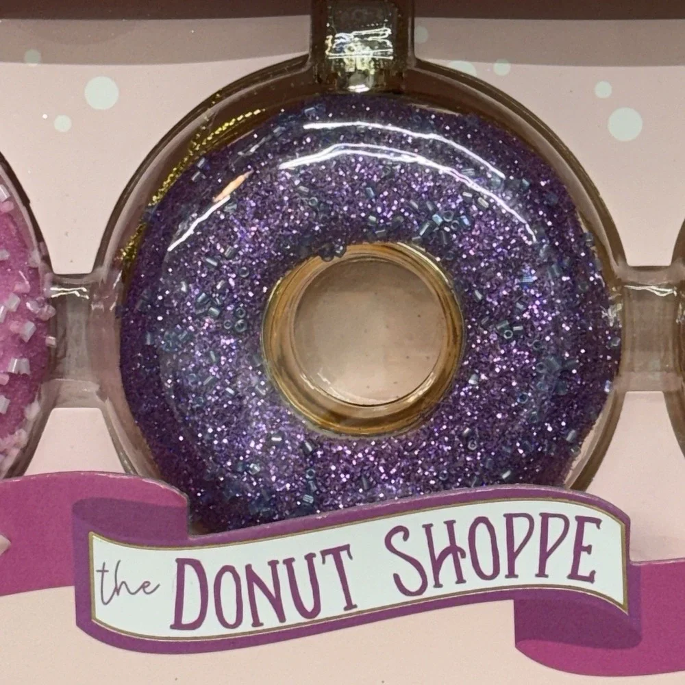 Pink Sky GLASS Iced Donut Shoppe Ornaments Pink Purple Sprinkles 3 Pack 3.5